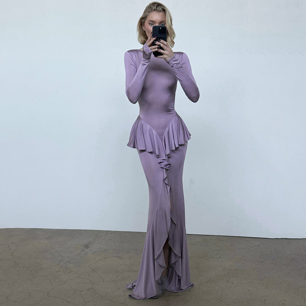 Spring Summer Sexy Backless Women Dress Elegant Ruffles Slit Slim Fitting Dress by Ragazza