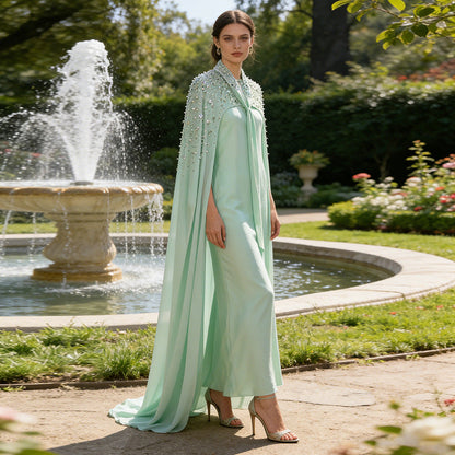 Spring Elegant Retro Exquisite Rhinestone Cape Shawl High Waist Slimming Dress by Ragazza