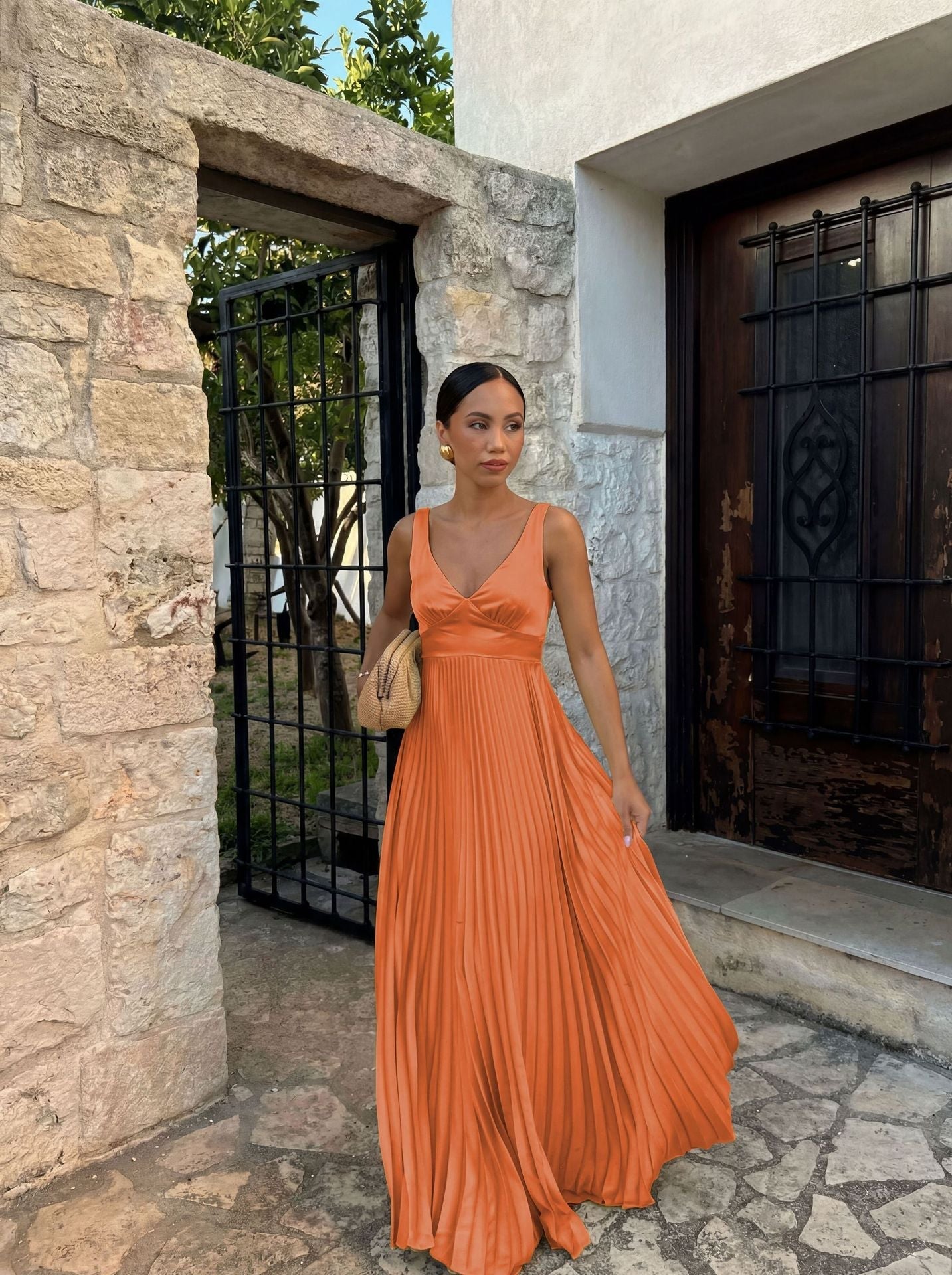 Goods Spring Summer Dress Fitted Waist Pleated V neck Brace Solid Color Dress  DestGlow