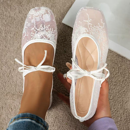 Arrival French Bow Mesh Shallow Mouth Pumps Women Mesh Square Toe Mary Jane Ballet Low Top Boat Shoes  DestGlow