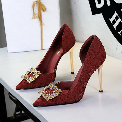 French Rhinestone Square Buckle Side Hollow Out Cutout Slip on Super High Heel Satin Gentle Elegant Stiletto Wedding Shoes  DestGlow