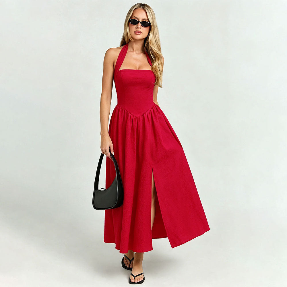Halter Lace up Dress Women Backless Waist Trimming Large Swing Split Red Atmosphere Holiday Midi Dress by Ragazza