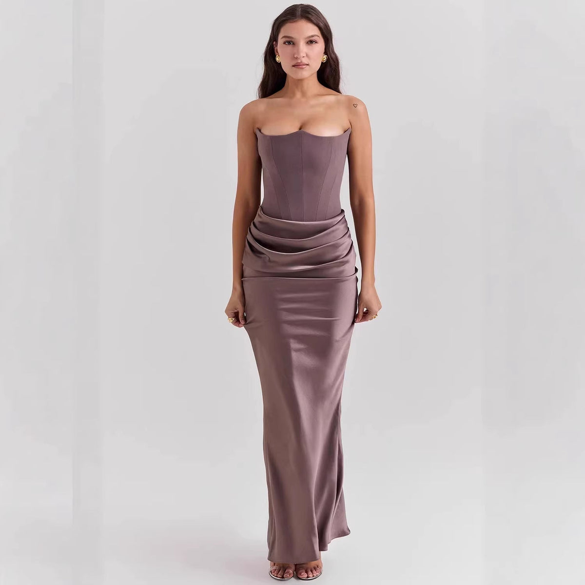 Dress Elegant Sexy Waist Trimming Tube Top Boning Corset Pleated Satin Sheath Dress  DestGlow