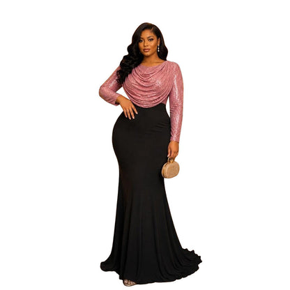 Women Clothes Dress Sequin round Neck Pleated Sequined Sheath Long Sleeve  DestGlow