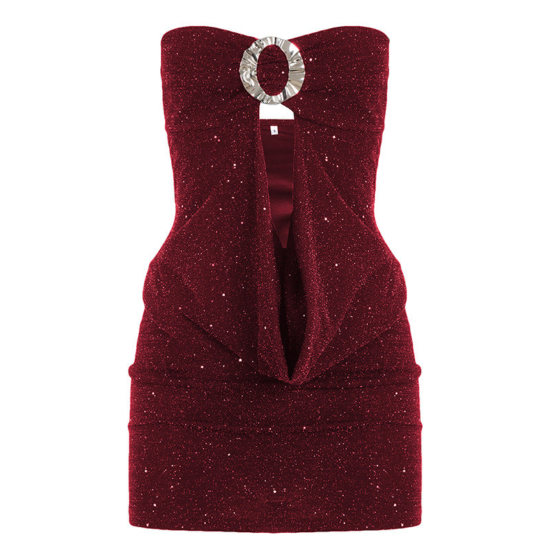 Women Clothing Thin Glittering round Buckle Bow Swing Collar Hollow Out Cutout out Tube Top Dress Party Sexy Hip Dress by Ragazza