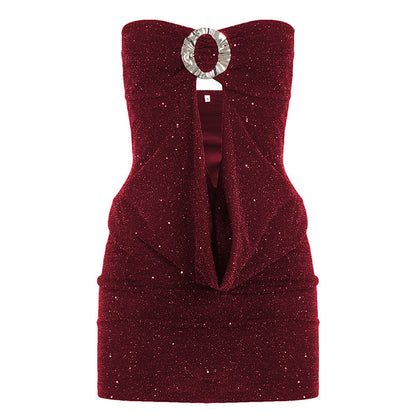 Women Clothing Thin Glittering round Buckle Bow Swing Collar Hollow Out Cutout out Tube Top Dress Party Sexy Hip Dress by Ragazza