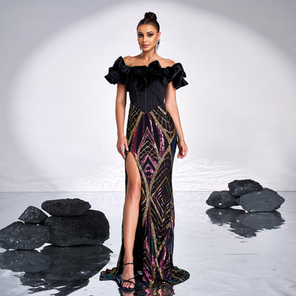 Women Clothing High Grade off Neck Slim Fit Cocktail Sequined Split Long Evening Dress for Women by Ragazza