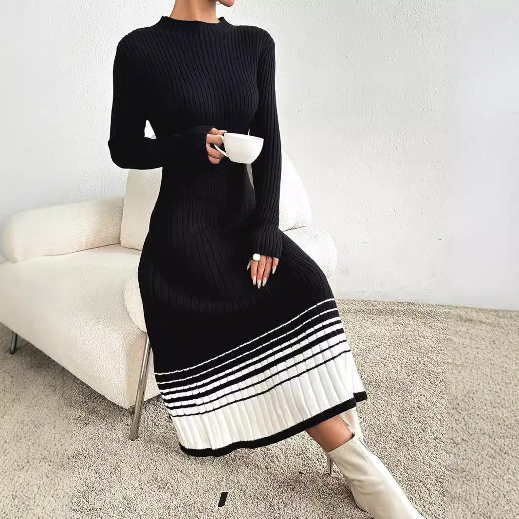Women Clothing Underskirt Women Woolen Dress Black White Striped Pleated Dress Sweater Long Dress by Ragazza