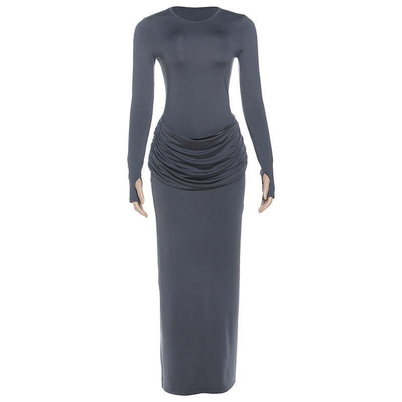 Women Clothing Autumn Winter Slim round Neck Solid Color Fold Split Long Sleeve Elegant Dress for Women by Ragazza