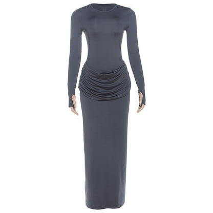 Women Clothing Autumn Winter Slim round Neck Solid Color Fold Split Long Sleeve Elegant Dress for Women by Ragazza