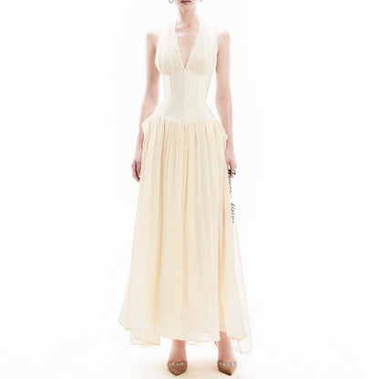Elegant Maxi Dress Summer Embroidery Hollow Out Cutout out Mesh Stitching Waist Hanging Neck Dress by Ragazza