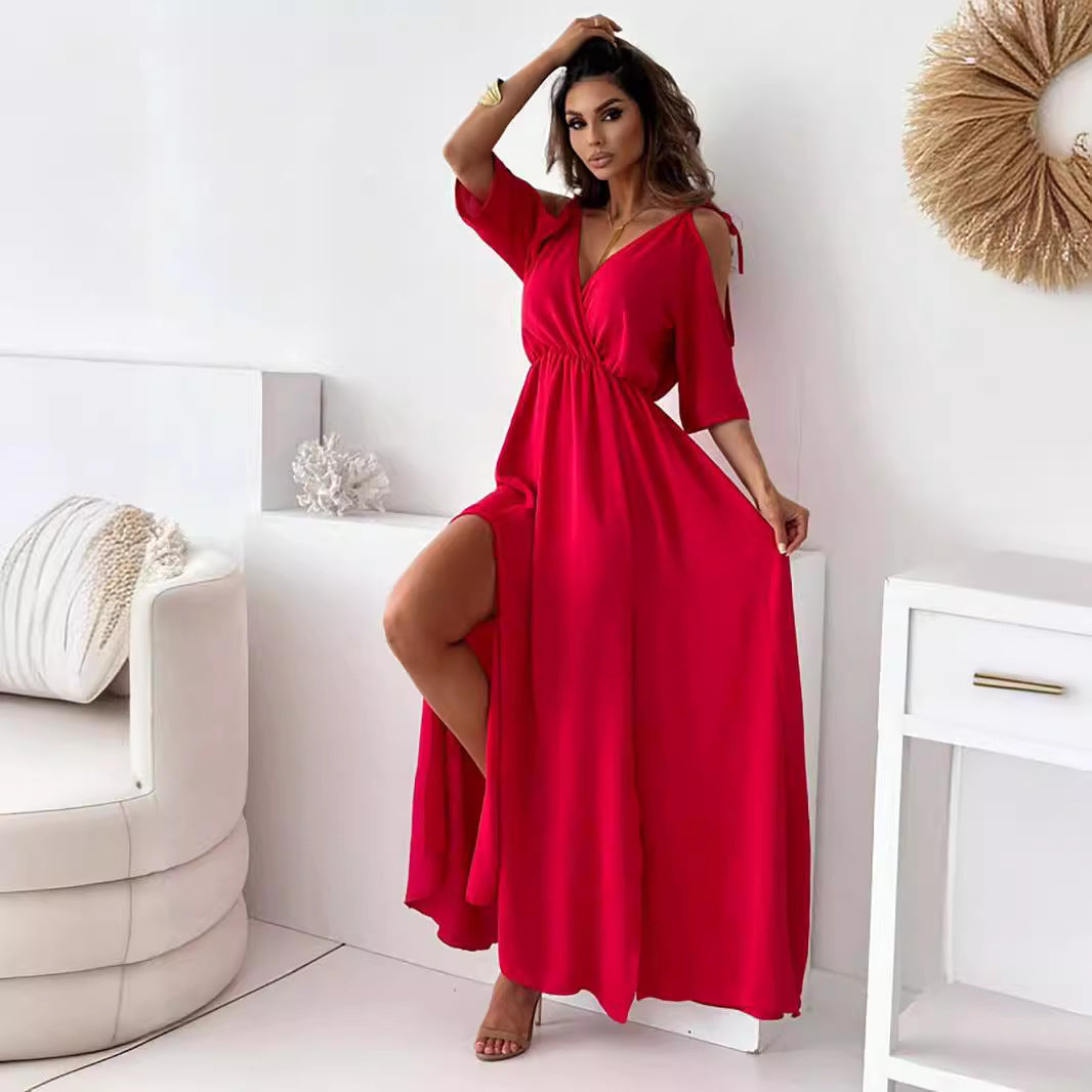 Women Clothing Solid Color Sexy Sling Half Sleeve Mid Length Dress by Ragazza