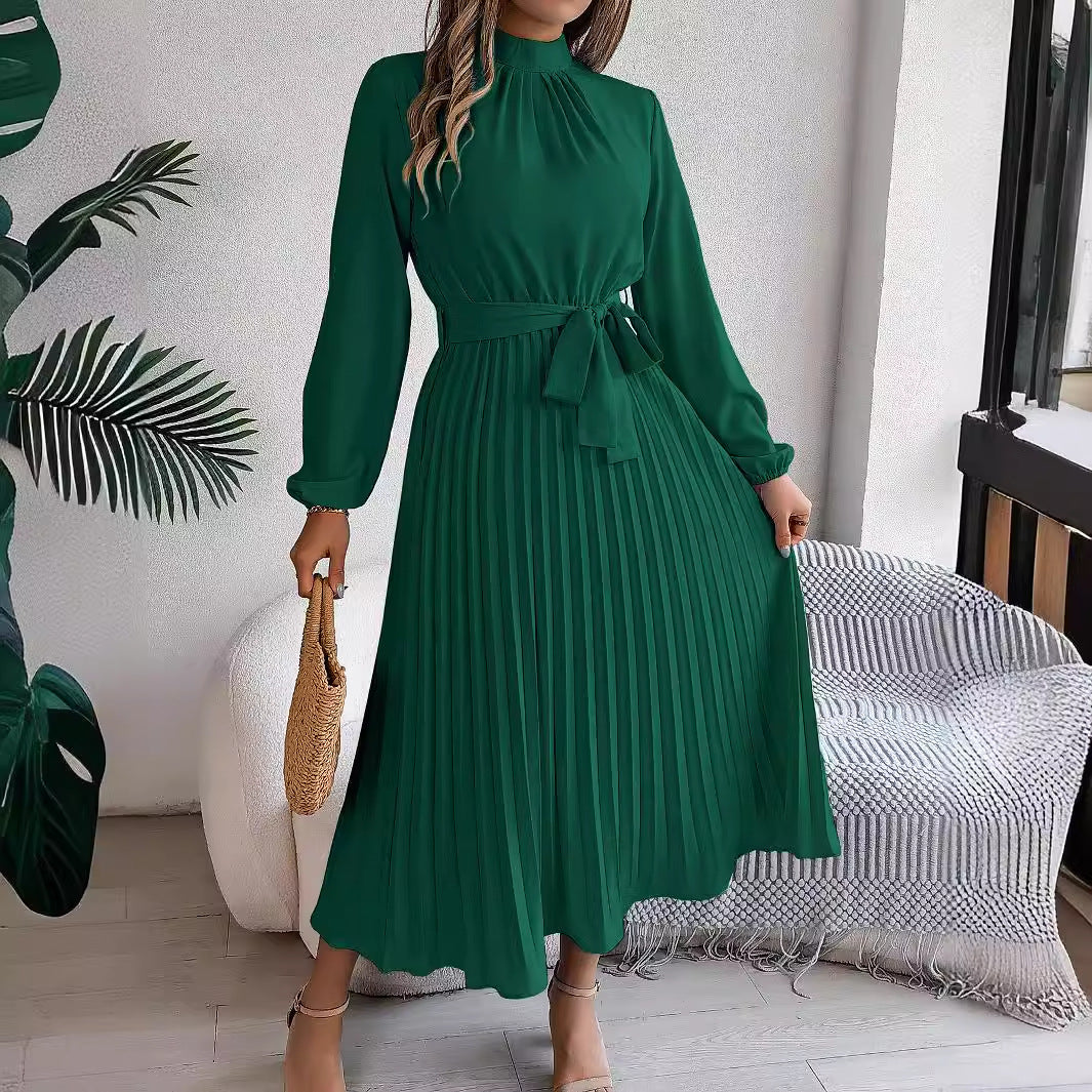 Autumn Winter Elegant Stand Collar Long Sleeve Cinched Pleated Maxi Dress Small Dress Women Clothing  DestGlow