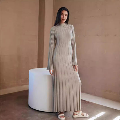 Autumn Winter Knitted Dress Casual Waist Tight round Neck Large Pit High Collar Slimming Knitted Maxi Dress for Women  DestGlow