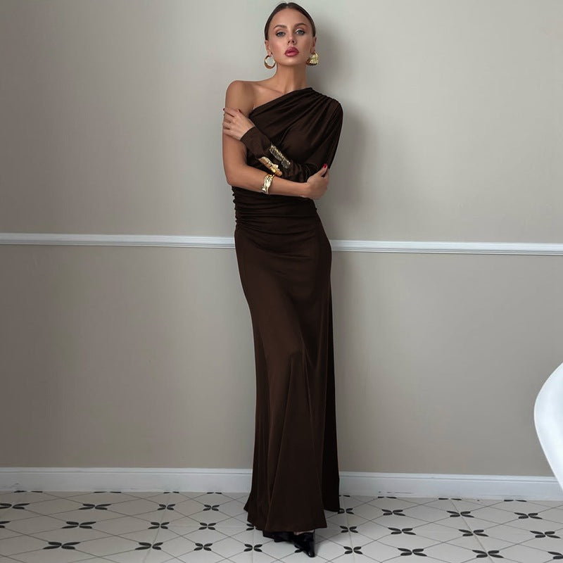 Women Clothing Autumn Fashionable Irregular Asymmetric off Shoulder Single Sleeve Pleated Maxi Dress by Ragazza