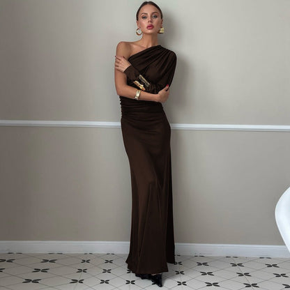 Women Clothing Autumn Fashionable Irregular Asymmetric off Shoulder Single Sleeve Pleated Maxi Dress by Ragazza