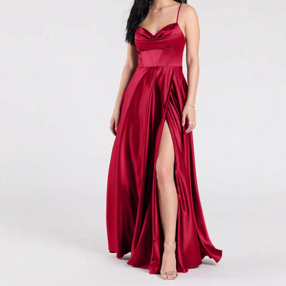 Bridesmaid Dress Long Maxi Dress Slimming Shoulder Hollow Out Cutout Slit Pleated Elegant Evening Dress by Ragazza