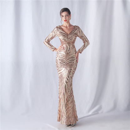 Positioning Floral Cutting Craft Magic Color Sequin Annual Meeting Wedding Long Sleeve Evening Dress by Ragazza