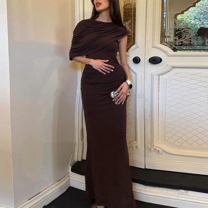 Women Clothing Summer Oblique Shoulder Design Skinny Sheath Pleated Irregular Asymmetric Dress by Ragazza