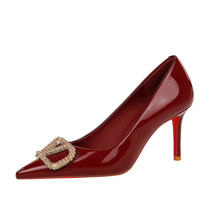 Sexy Red Background Gold Rhinestone V Buckle Pointed High Grade Patent Leather Stilettos Pumps Women  DestGlow