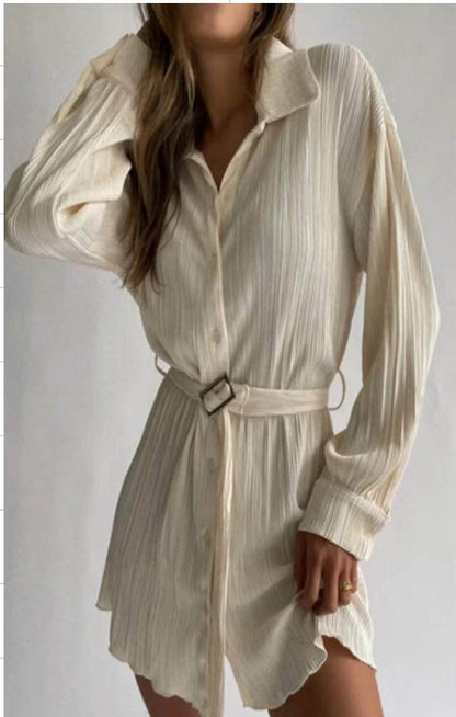 Spring Summer Popular Fashionable Pleated Long Sleeved Shirt Belt Dress by Ragazza