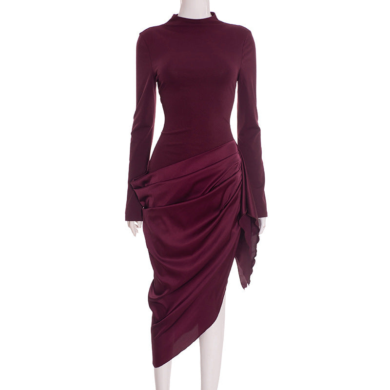 Women Clothing Autumn Winter Elegant Solid Color Waist Tight Irregular Asymmetric Oblique Swing Mid Length Dress by Ragazza