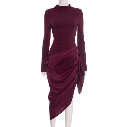 Women Clothing Autumn Winter Elegant Solid Color Waist Tight Irregular Asymmetric Oblique Swing Mid Length Dress by Ragazza