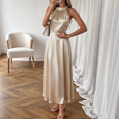 Simple Light Luxury Champagne Satin Halter Beaded Collar Dress by Ragazza