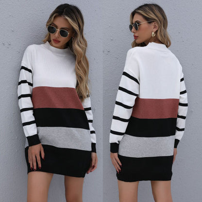 Women Clothing Autumn Winter Color Matching Fashionable Long Knitted Base Sweater Dress  DestGlow