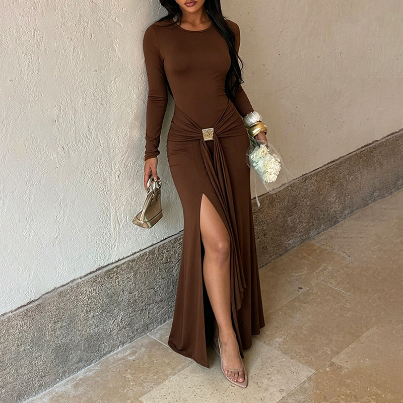 Metal Buckle Lace up Waist-Controlled Split Slimming Sexy Formal Dress Long Sleeve Dress  DestGlow
