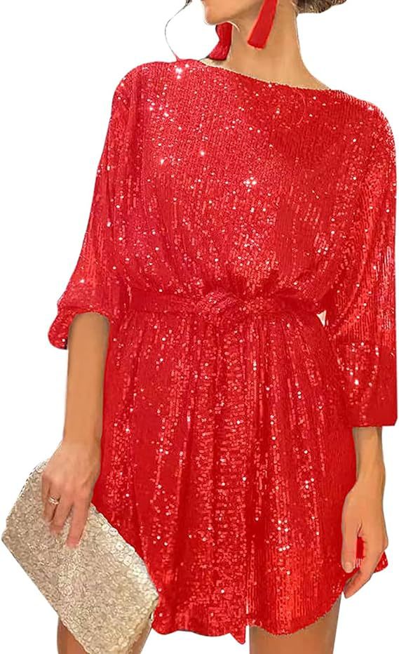Summer Sequined Round Neck Long Sleeve Casual Loose Beaded Dress by Ragazza