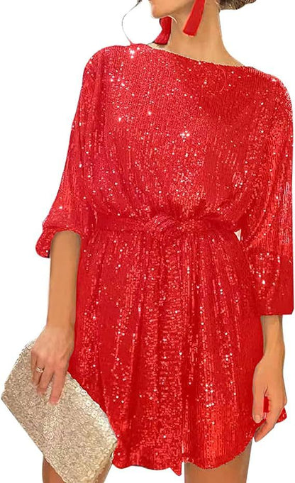 Summer Sequined Round Neck Long Sleeve Casual Loose Beaded Dress by Ragazza