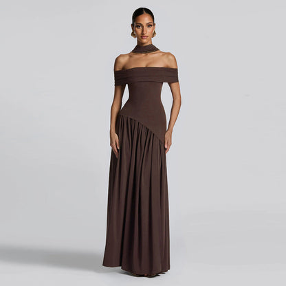 Autumn Women Clothing Sexy Backless Slim Fit Solid Color Scarf Collar Split off Shoulder Dress by Ragazza