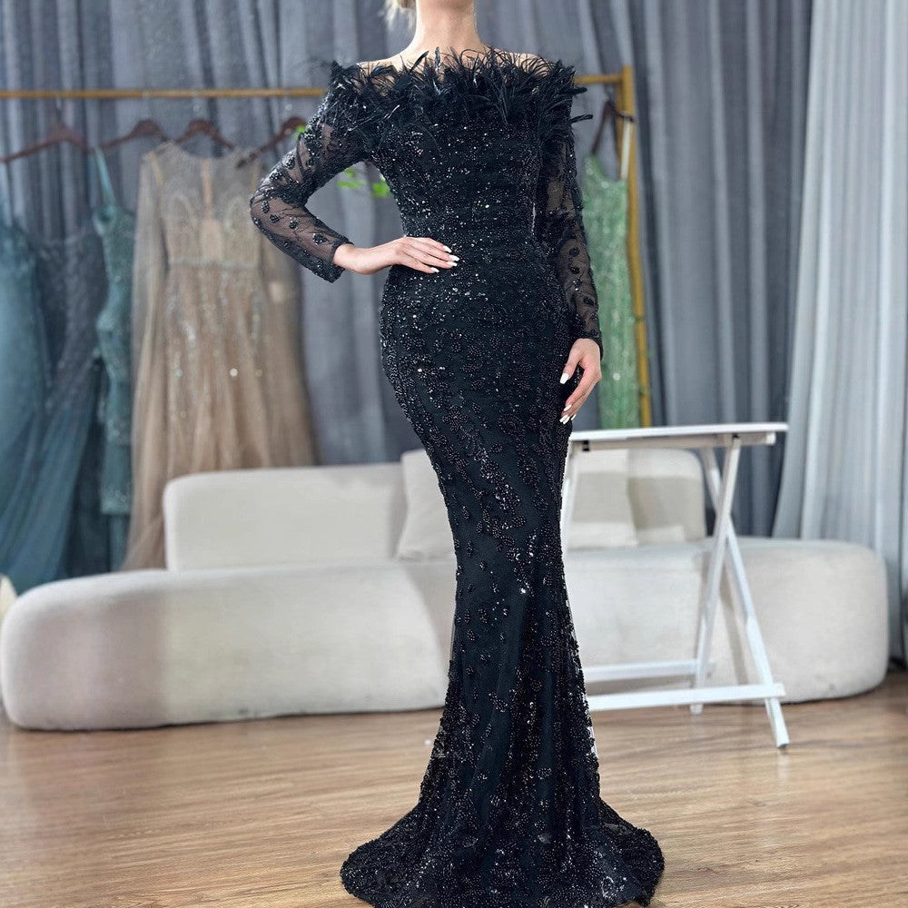 Black off Shoulder Feather Fishtail Gown Entry Lux Elegant Ladies Cocktail Host Evening Dress by Ragazza