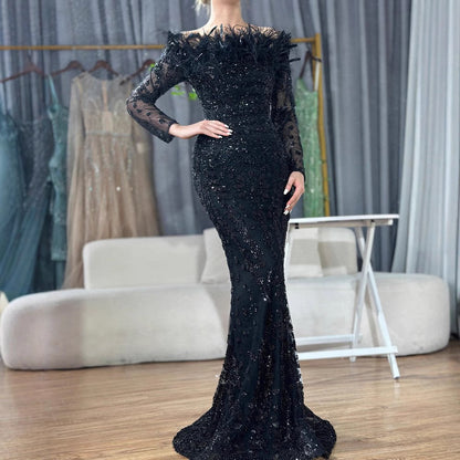 Black off Shoulder Feather Fishtail Gown Entry Lux Elegant Ladies Cocktail Host Evening Dress by Ragazza