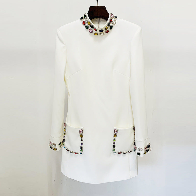 Early Spring Heavy Industry Beads Diamond Color Gem Diamond Long Sleeve Dress by Ragazza