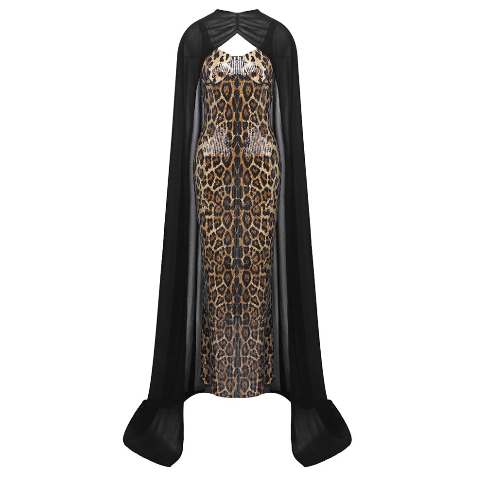 Elegant Sexy Leopard Print Sequin Cami Dress Dress Black Chiffon Cloak Two Piece Maxi Dress by Ragazza