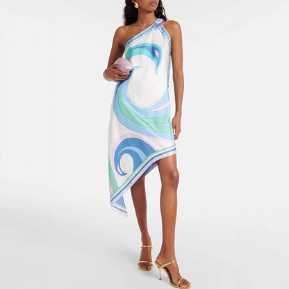 Summer Sexy Positioning Printing Satin Shoulder Irregular Asymmetric Dress  DestGlow