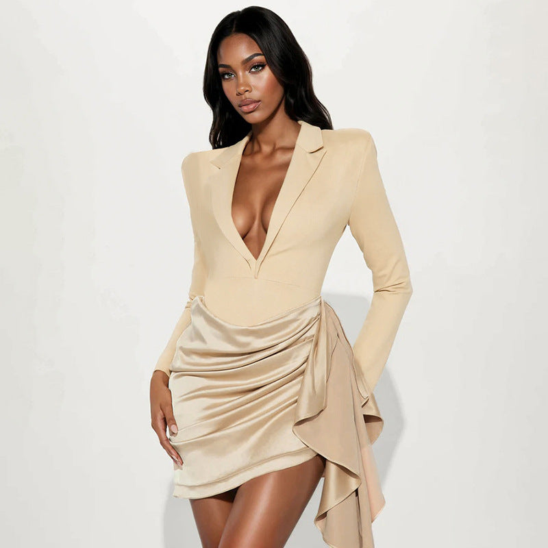 Women Clothing Autumn Winter Solid Color Long Sleeve Deep V Plunge neck Oblique Ribbon Business Blazers Dress by Ragazza