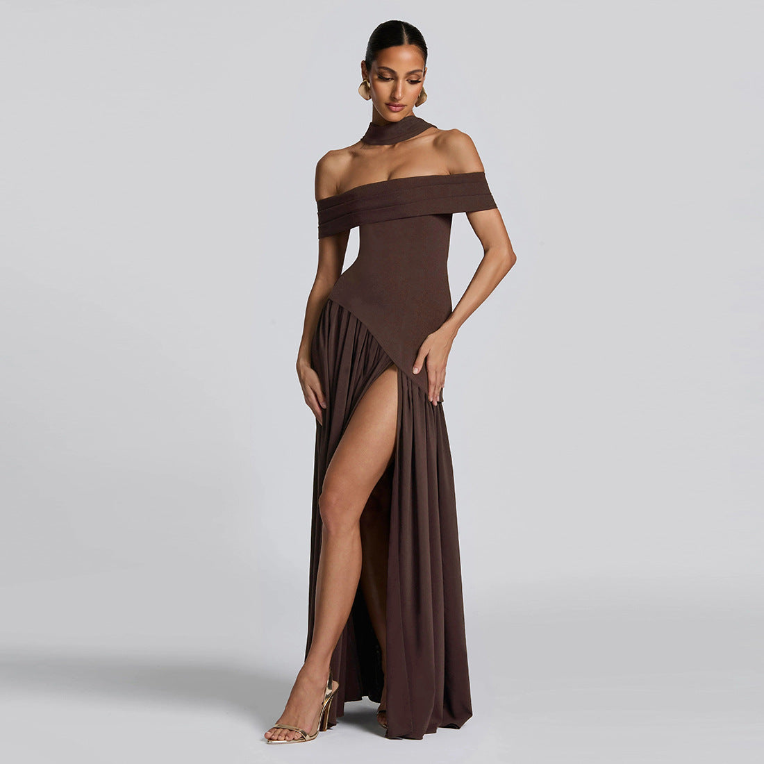 Autumn Women Clothing Sexy Backless Slim Fit Solid Color Scarf Collar Split off Shoulder Dress by Ragazza