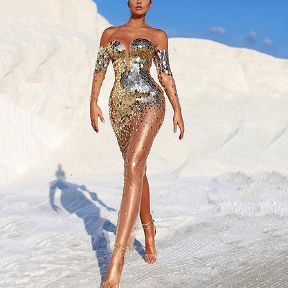 Summer Women Clothing Dress Sequined off Shoulder Sexy Mesh See through Long Evening Dress by Ragazza