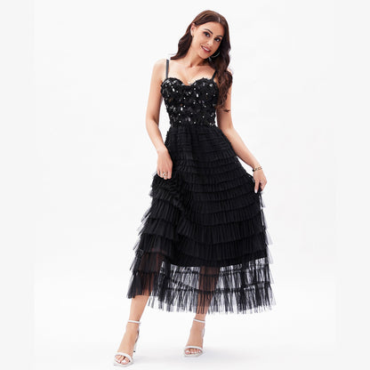 Sexy Socialite High Sense Black Paillette Beauty Back Underwear One Piece Dress Boning Corset Sling Multi-Layer Tiered Dress by Ragazza