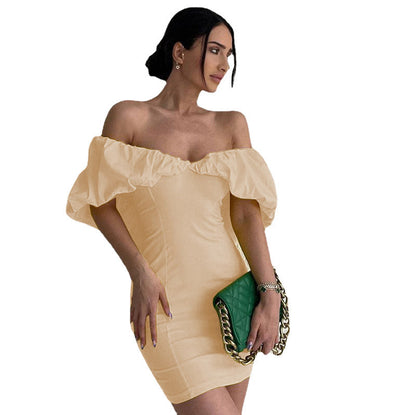 Spring Casual Vacation Tight Waist Slimming Sense Design Pleated Off Shoulder Hip Bag Dress by Ragazza