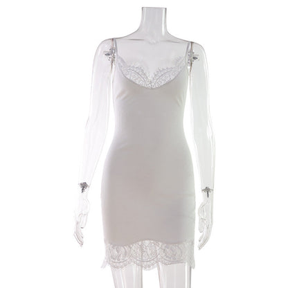 Summer Sexy Lace Stitching Sexy Dress Slim Fit Waist Trimming Spaghetti Straps Sheath Solid Color Dress by Ragazza