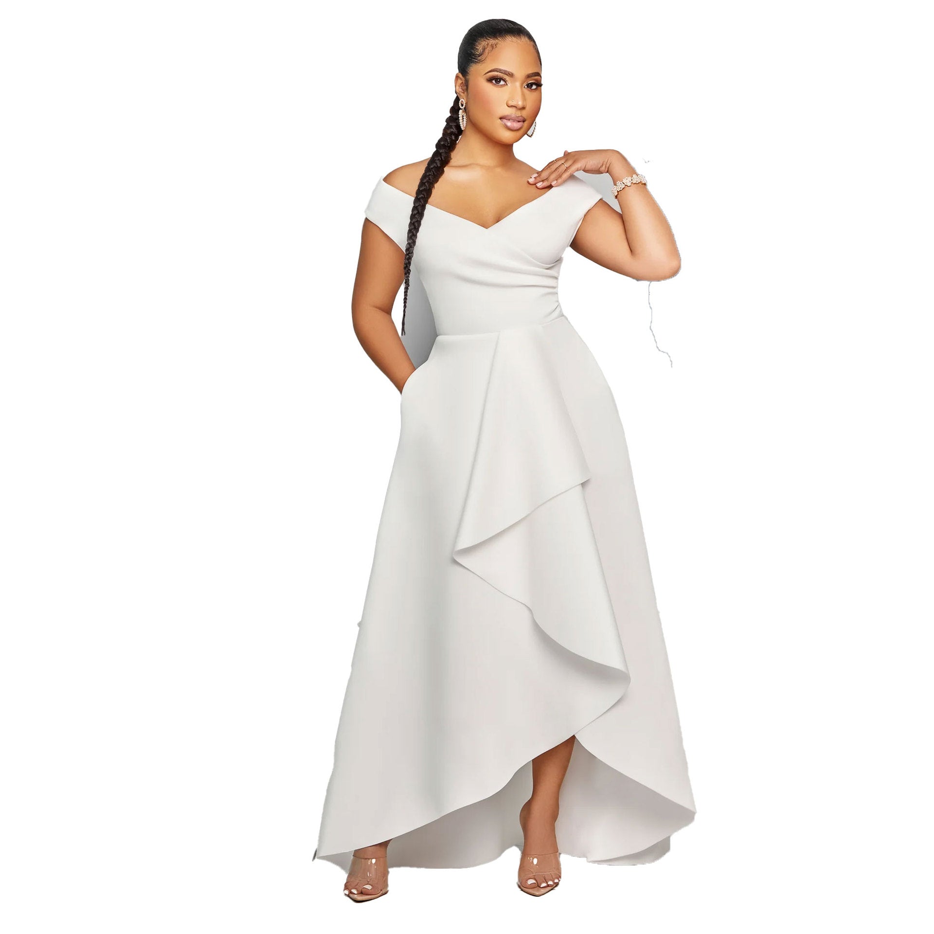 Women Sexy Slim Fit Solid Color off Shoulder Sleeveless Large Swing Dress by Ragazza