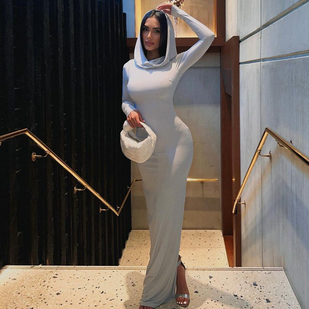 Women Clothing Summer Hooded High Elastic Long Sleeve Split Elegant Slim Dress by Ragazza