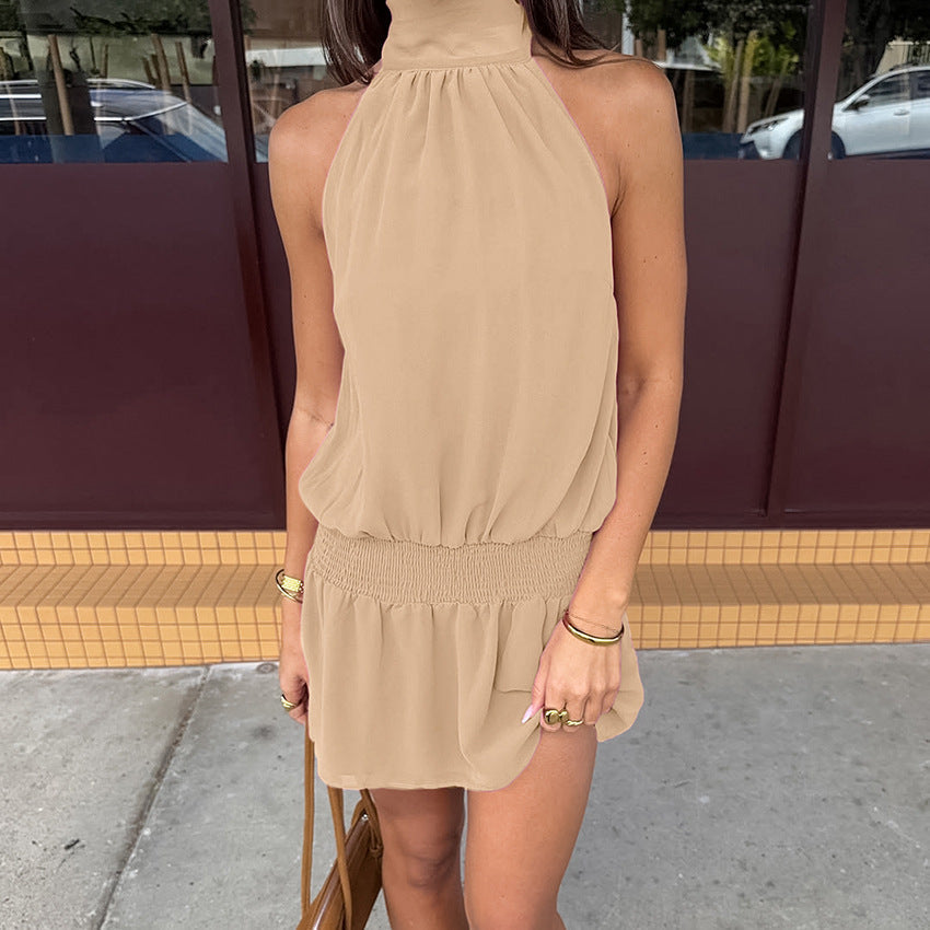 Summer Niche Design Elegant Elegant Apricot Color Halter Sleeveless Slim Fit Short Dress for Women  DestGlow