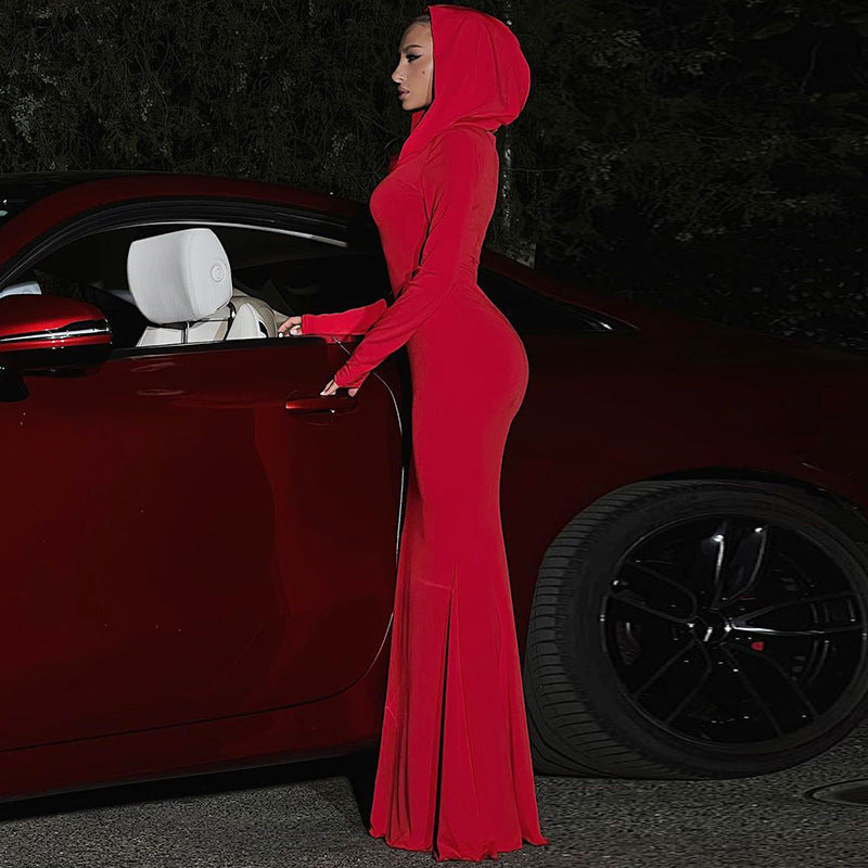 Women Clothing Autumn Solid Color Slim Fit Hood Long Sleeve Dress by Ragazza