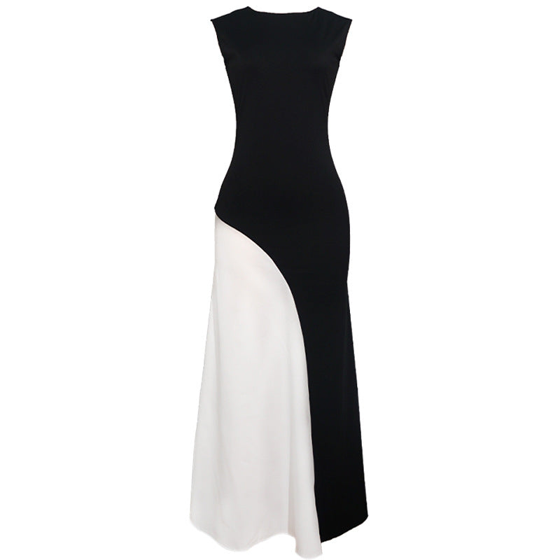 Cross Street round Neck Sleeveless Cinched Patchwork Black White Contrast Color High Waist Dress by Ragazza