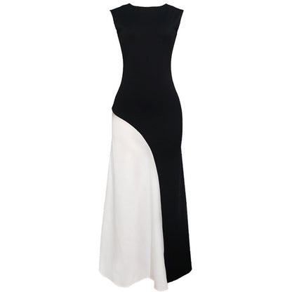 Cross Street round Neck Sleeveless Cinched Patchwork Black White Contrast Color High Waist Dress by Ragazza